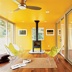lemon yellow living room in the Manilow home
